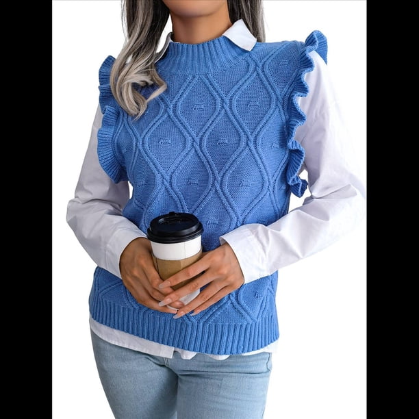 Suéter Sin Mangas con Volantes para Mujer, Cuello Redondo, Tejido de Punto, para Verano Azul L