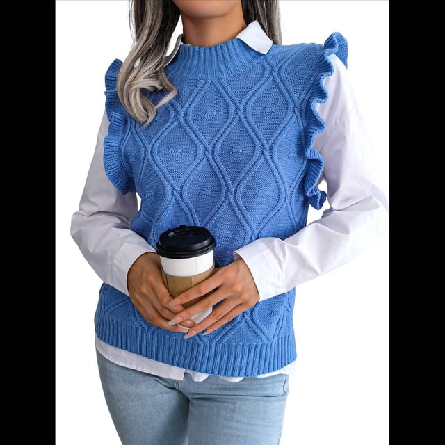 Suéter Sin Mangas con Volantes para Mujer, Cuello Redondo, Tejido de Punto, para Verano Azul S