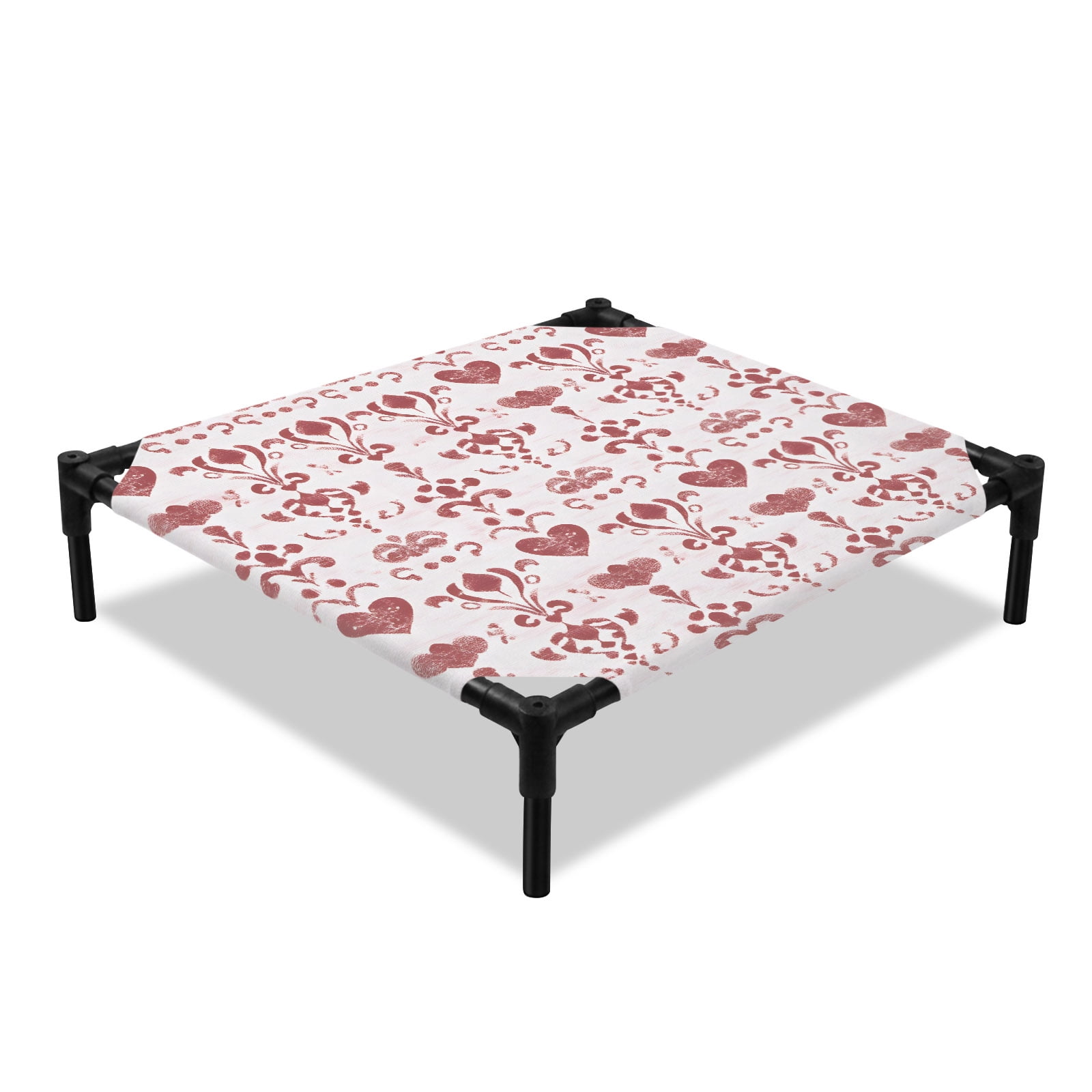 Romantic Damask Elevated Dog Bed French Country Red Heart Scroll Foliage Cooling Breathable Outdoor Raised Dog Cot Bed with Metal Frame Non-Slip Feet for Small Dog 20x20in
