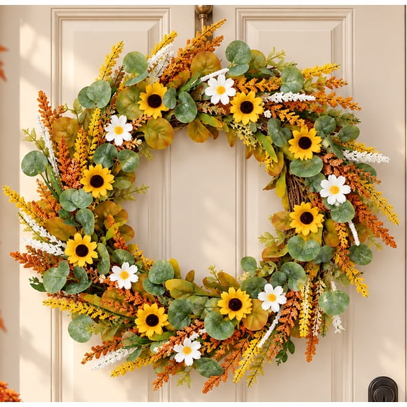 Fall Wreath Autumn Thanksgiving Decoration Artificial with Sunflowers Harvest Wreath Farmhouse Fall Wreaths for Front Door 20"