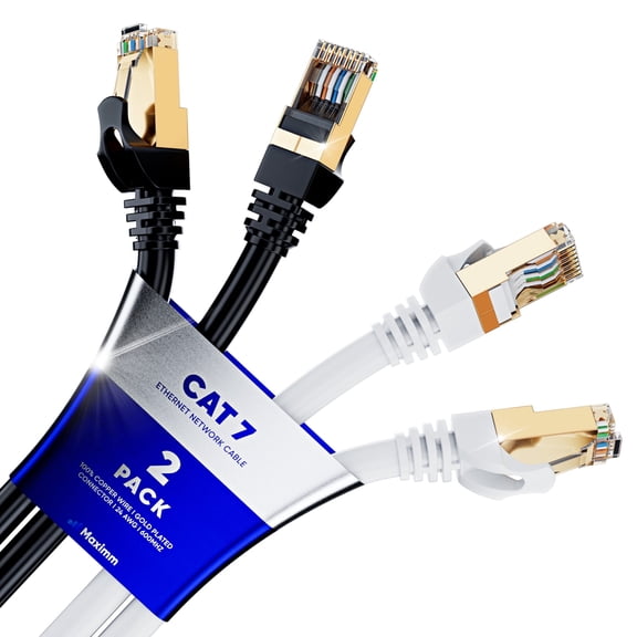 Cat 7 Ethernet Cable 50 ft - (2 Pack) High-Speed Cat7 Internet & Network LAN Patch Cables, RJ45 Connectors - Perfect for Gaming, Streaming, and More (Black and White)