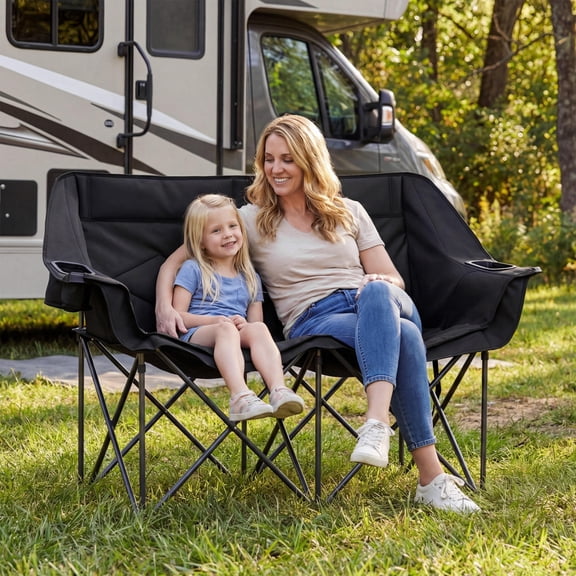 Folding Double Camping Chair 2 Person Padded Loveseat with Cup Holders Glass Racks Mesh Pockets and Carry Bag for Outdoor Picnic Beach Black
