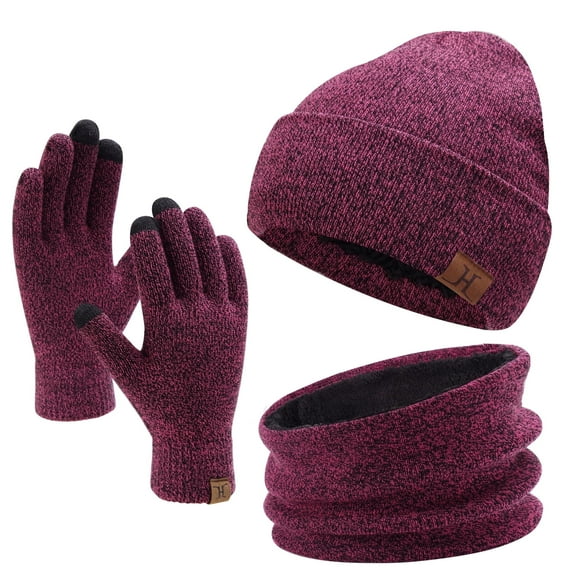 FZ FANTASTIC ZONE Unisex Warm Knit Fleece Hat, Scarf & Glove Set, Rose Red, 3-Piece