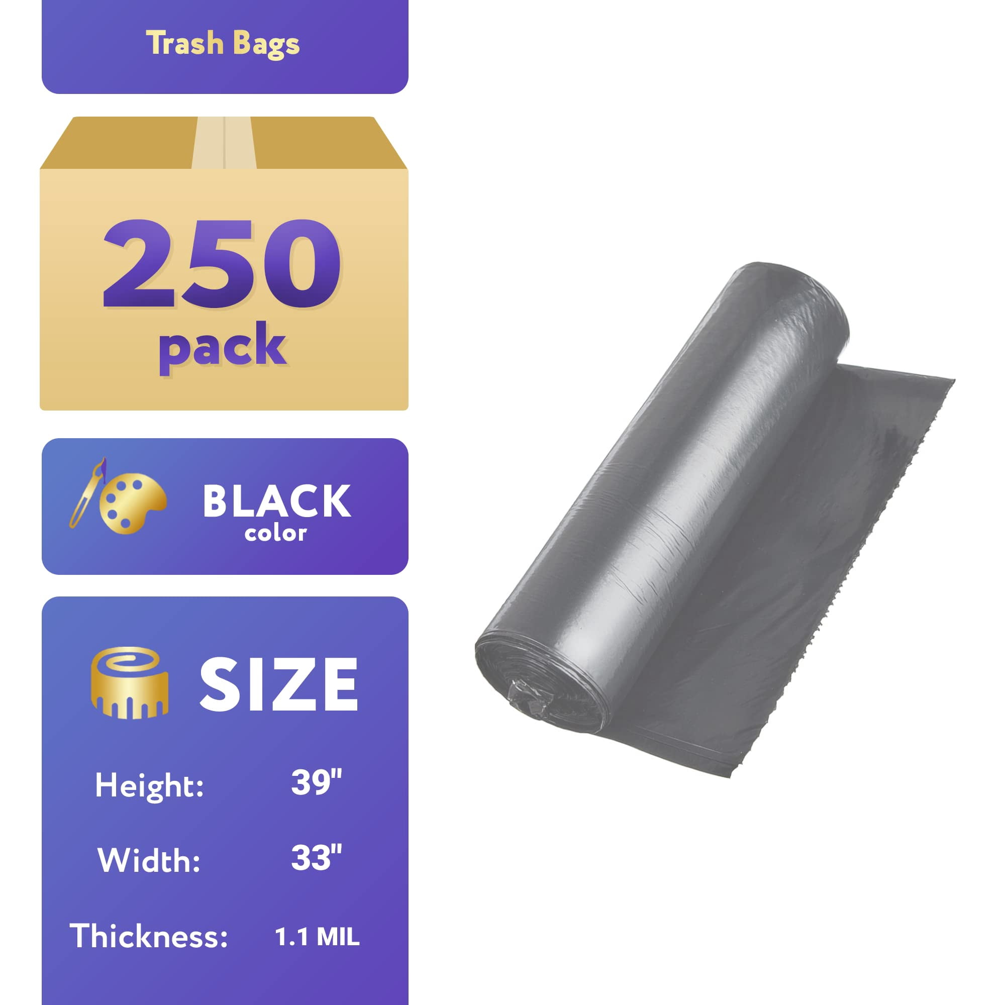 Gray Outdoor Trash Bags, Unscented 1.1 Mil Polyethylene, 250 Count, 33 Gallon