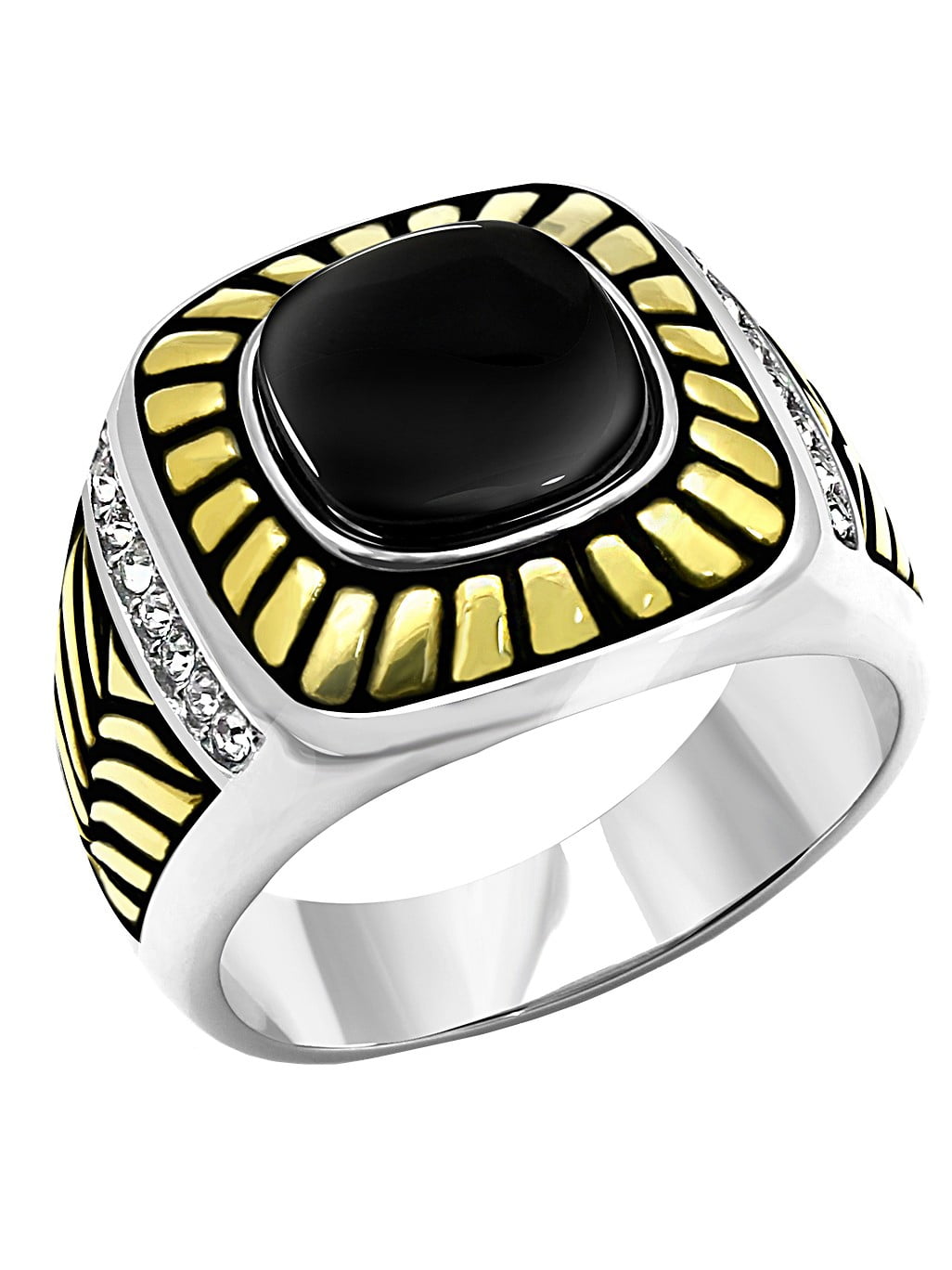 Synthetic Tiger Eye Center with Top Crystal Set in Gold IP Stainless Steel Ring 
