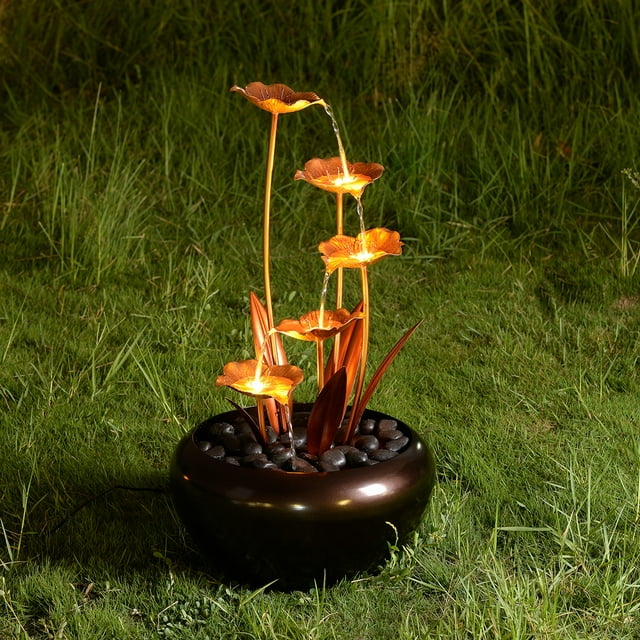 Elegant Zinc Metal Fountain with 4 Warm White LED Lights - Outdoor