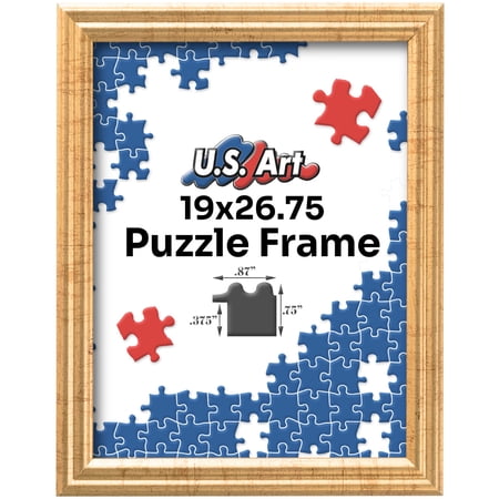 US Art 19x26.75 Antique Gold Puzzle Frame .75 Inch Wide - Handmade Solid Wood Picture Frames with Preinstalled Hangers and UV Blocking Plexiglass Frames