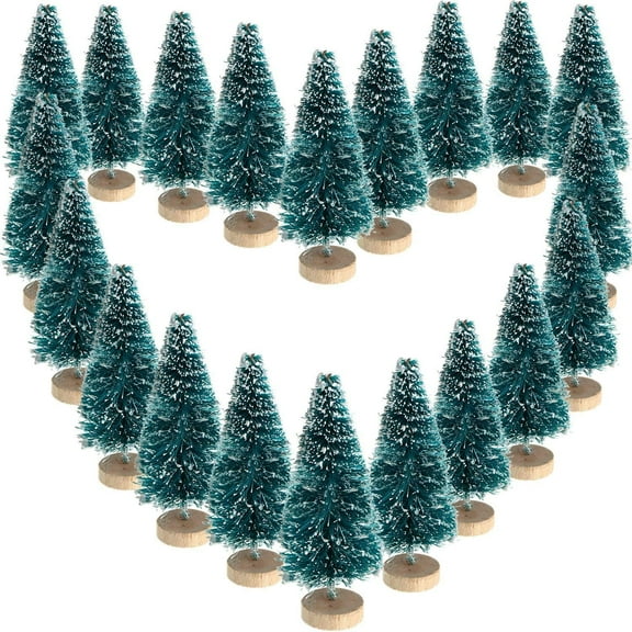 24 Pieces Artificial Mini Christmas Sisal Snow Frost Trees with Wood Base Bottle Brush Trees Plastic Winter Snow Ornaments Tabletop Trees for Christmas Party Home Decoration