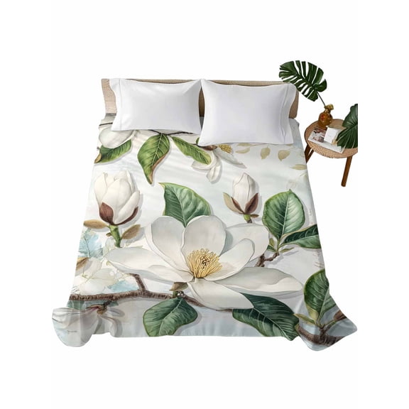 Twin XL Size Flat Sheet Only, White Floral Soft Brushed Microfiber Bed Sheets, Botanical Magnolia Flower Leaves Butterfly Hotel Quality Breathable Bedding Top Sheet, Easy Care, 66"x102"
