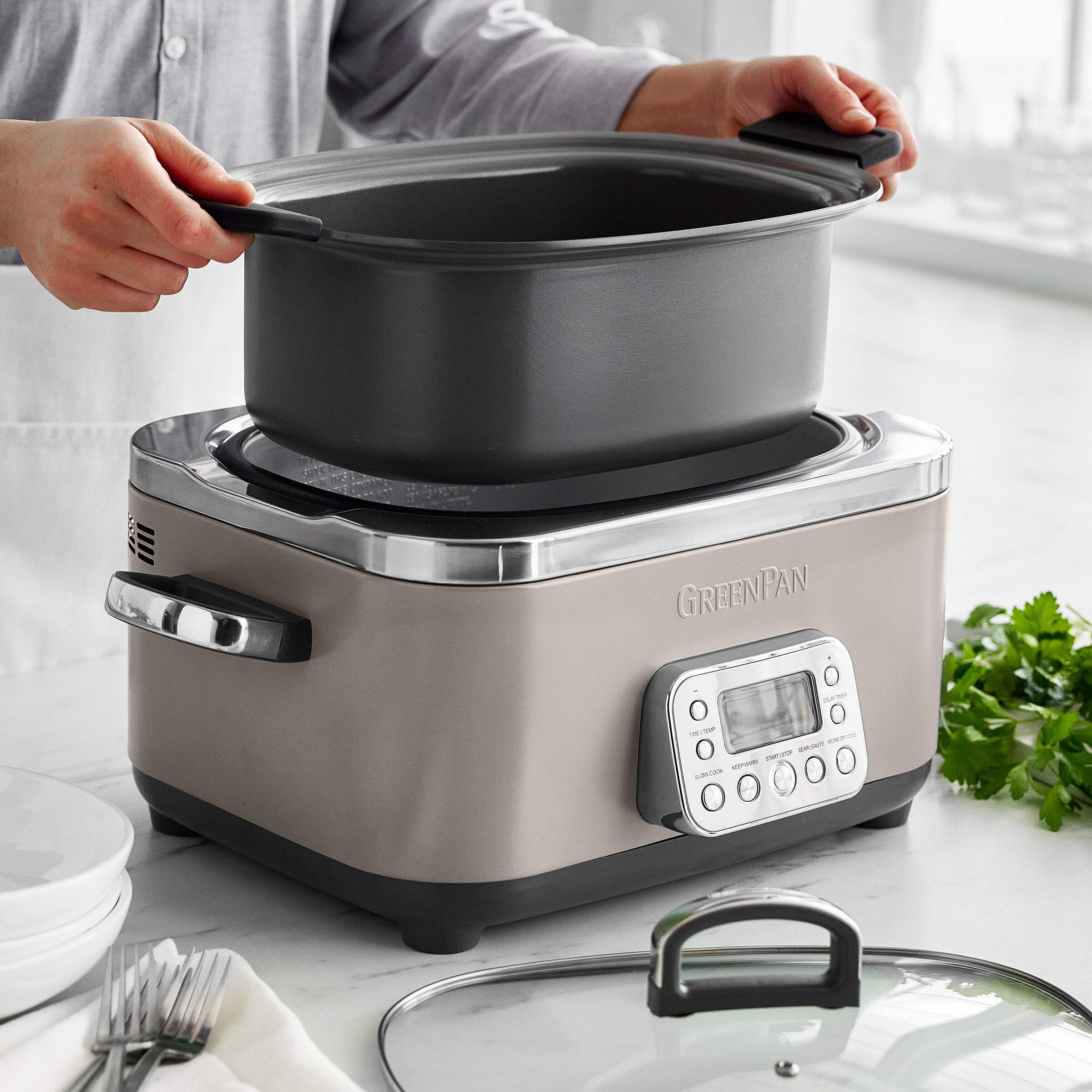 GreenPan 6-Quart, 14-in-1 Slow Cooker, Family Size, Ceramic Nonstick, Dishwasher Safe Parts, Cloud Grey