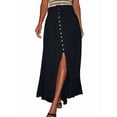 thumbnail image 3 of Women'S Elastic Tie Waist Button Down Maxi Skirts Casual Loose Flowy Swing Slit Front Dress Black S, 3 of 9