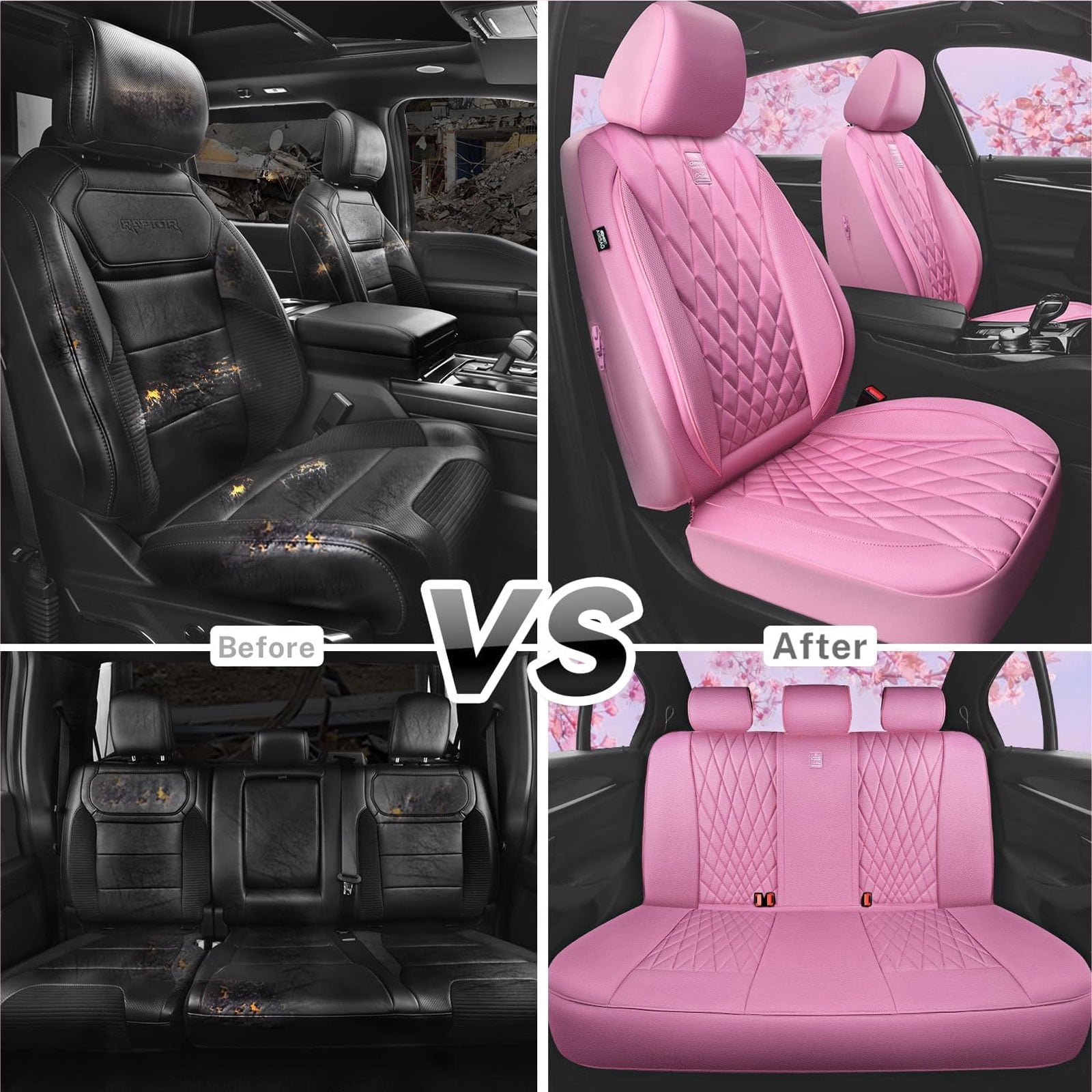 CAR GRAND Piping Luxury Faux PU leather Full Set Car Seat Covers Water Proof Armrest Airbag Compatible Universal Fit SUV VAN Truck All Pink