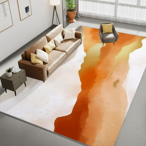 Living Room Area Rugs, Abstract Line Watercolor Painting Printed Design Carpet, Orange Washable Rectangle Rug, Soft Short Pile Carpet For Bedroom Dining Room Non-Slip Rug