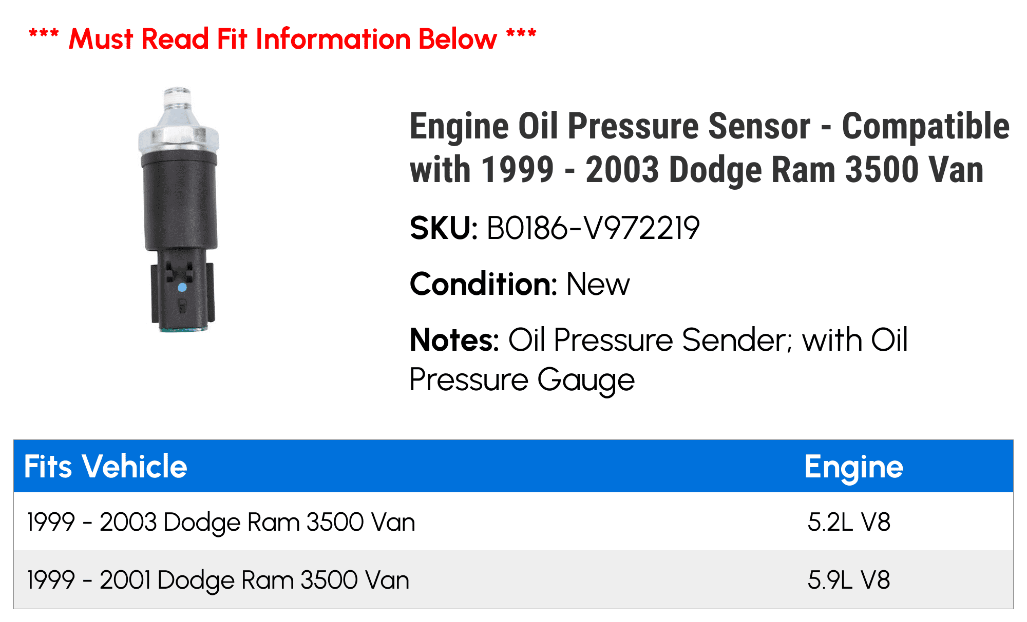 Engine Oil Pressure Sensor - Compatible with 1999 - 2003 Dodge Ram 3500 Van 2000 2001 2002