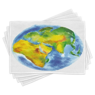 Ambesonne Earth Place Mats Set of 4, Globe of Earth Watercolors, Standard Size, Pale Blue Green Yellow