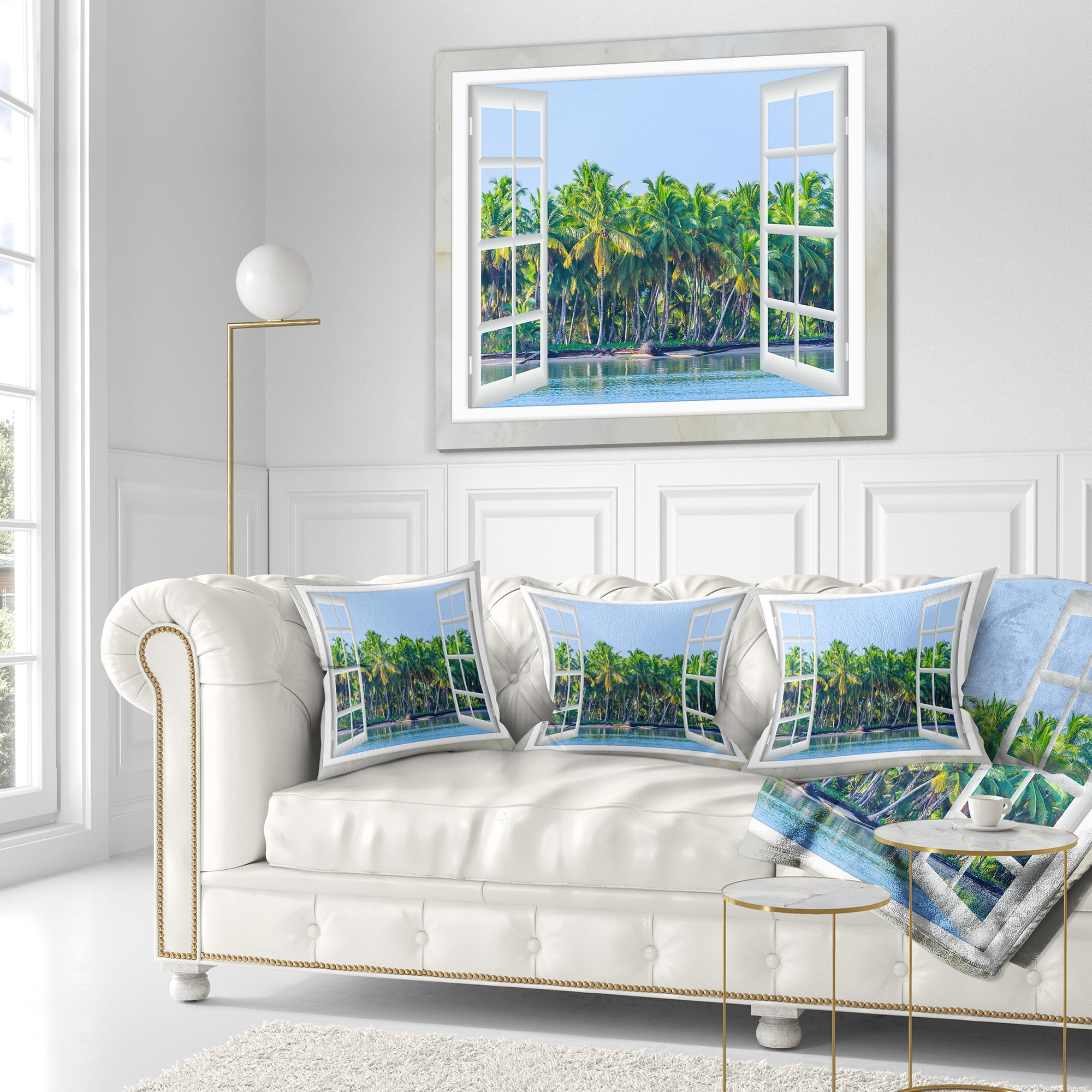 Designart Open Window to Seashore Palms - Seashore Throw Pillow - 18x18