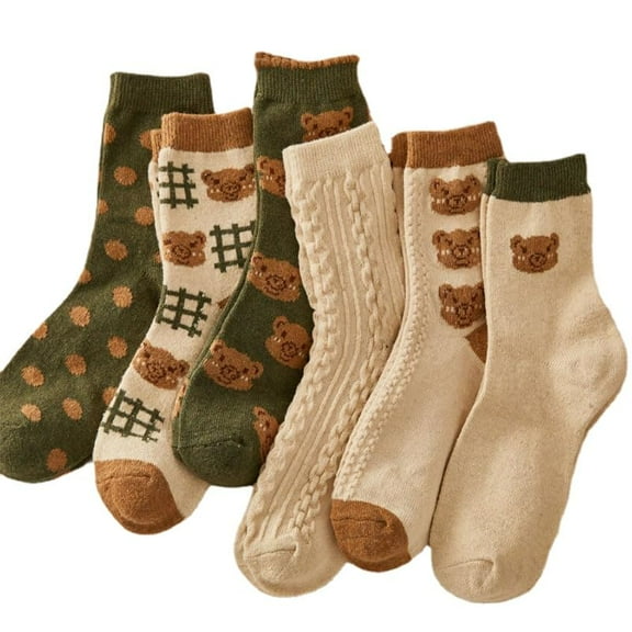 6 Pair Cute Cotton Kawaii Bear Ankle Socks - Preppy Ruffle Japanese Thick Fall Vintage Crew Socks for Women