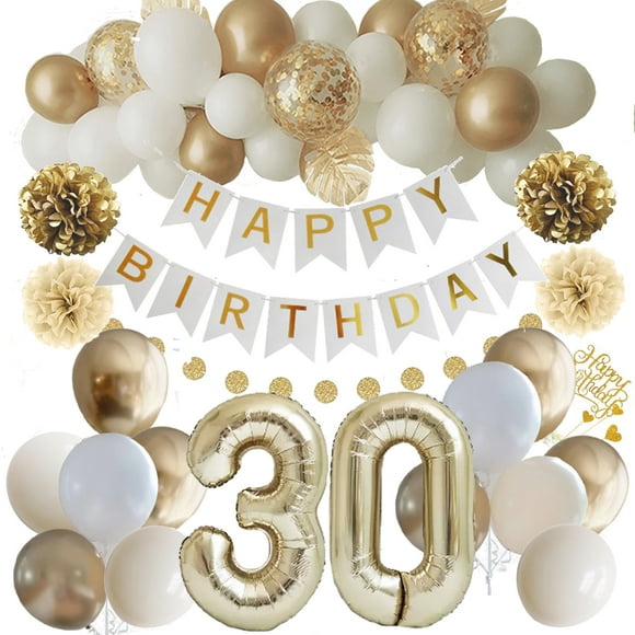 Décoration de 30e Anniversaire, Décorations de Fête d'Anniversaire Dorées, Décoration d'Anniversaire 30 Fille Garçon, Bannière Joyeux Anniversaire, Dessus de Gâteau, Pompons pour Hommes, Femmes Décorations d'Anniversaire Or Blanc Fournitures Ballons