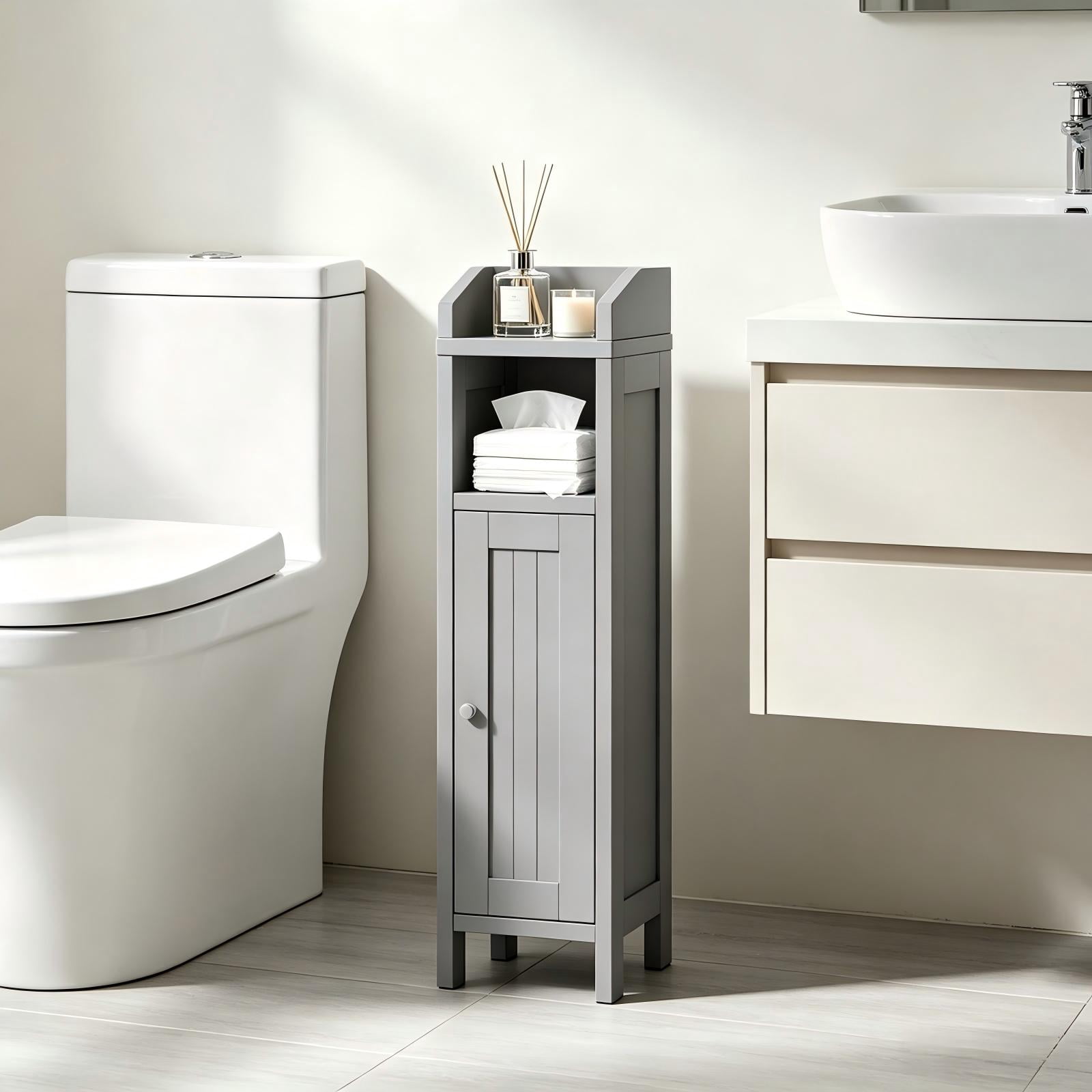 Grey Bathroom Floor Cabinet with Door and Shelf, 7.87 x 7.87 x 31.5 in