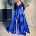thumbnail image 2 of Wycnly Dresses for Women 2024 Party Prom Fashion Sparkly Sequin Empire Waist Flowy Pleated Slit Swing A Line Long Dresses Color Patchwork Long Sleeve V-Neck Maxi Formal Dresses for Women Blue s, 2 of 6