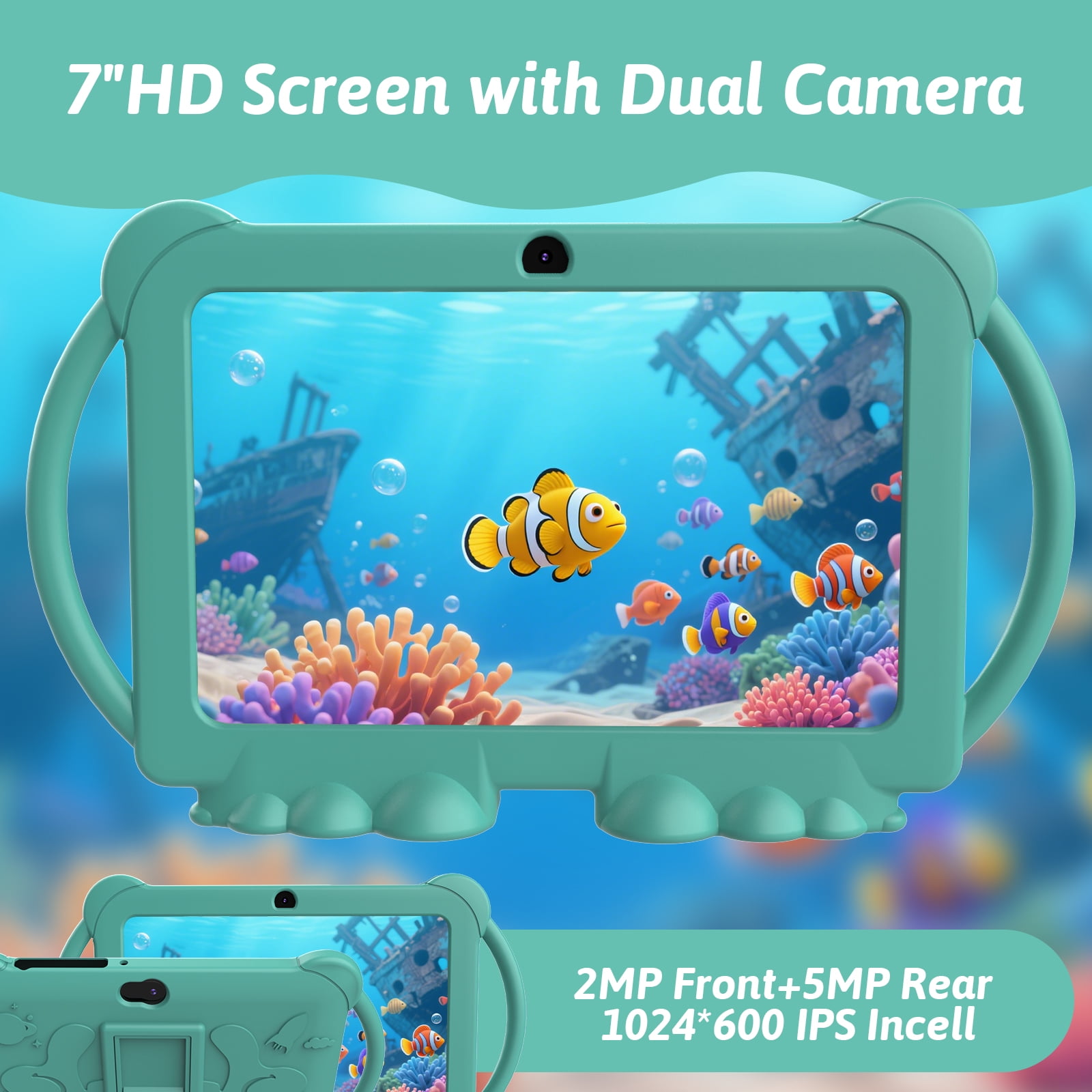 WUIUHOU 7inches Android 12.0 tablet for Kids with Case, 4GB(2+2Expand) RAM+32GB ROM(Can Expand Up to 512GB), Front 2.0MP+ Back 5.0MP Dual Cameras, 1024*600 IPS LCD, Green