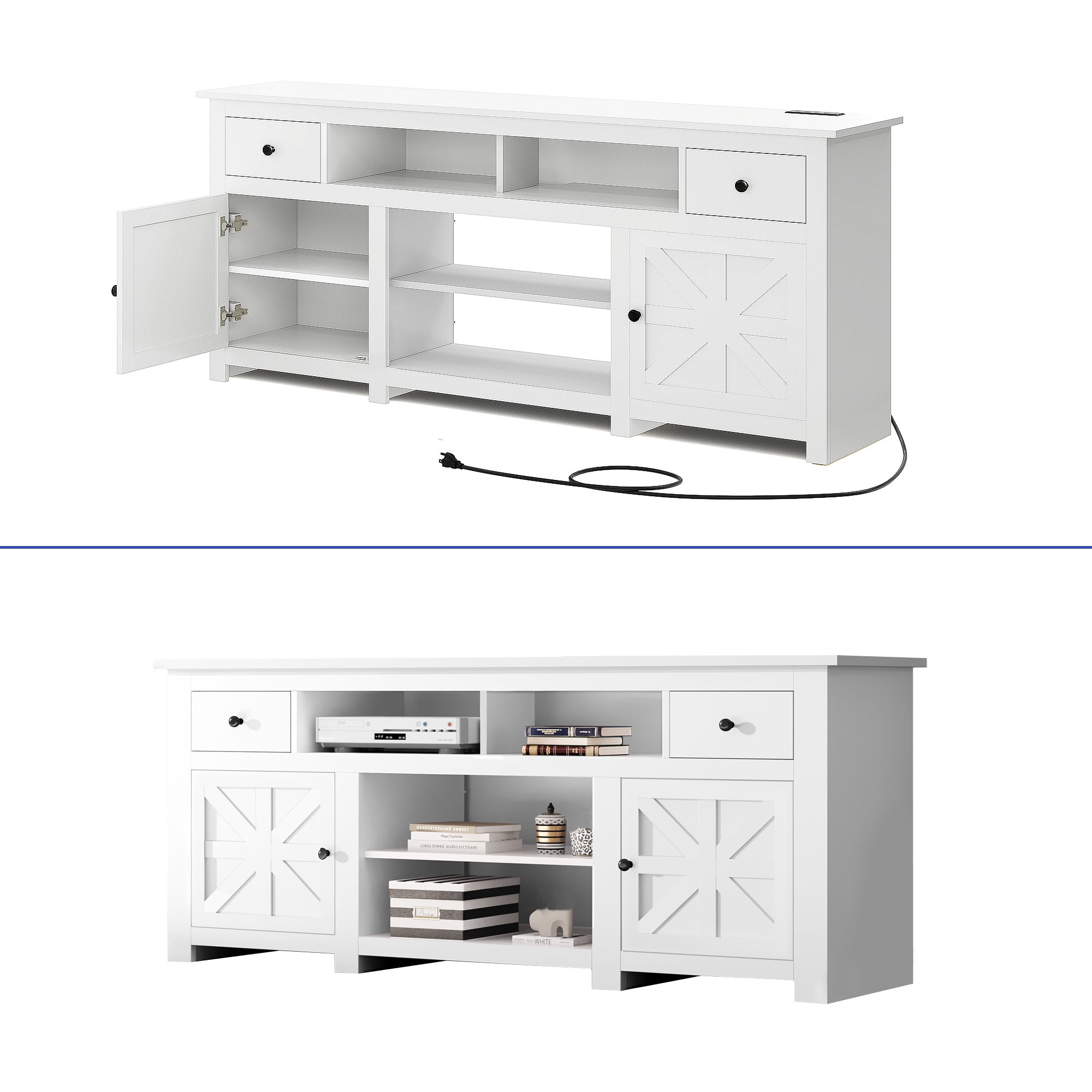 Dextrus Country-style Media Console, TV Cabinet with Built-in Power Socket for Screens up to 80'', Television Stand with Adjustable Divider & Drawer Storage, Vintage TV Unit for Lounge, White