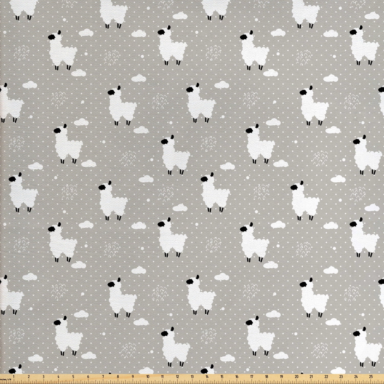 Sheep Fabric by The Yard, Animal with Clouds on Polka Dots Backdrop