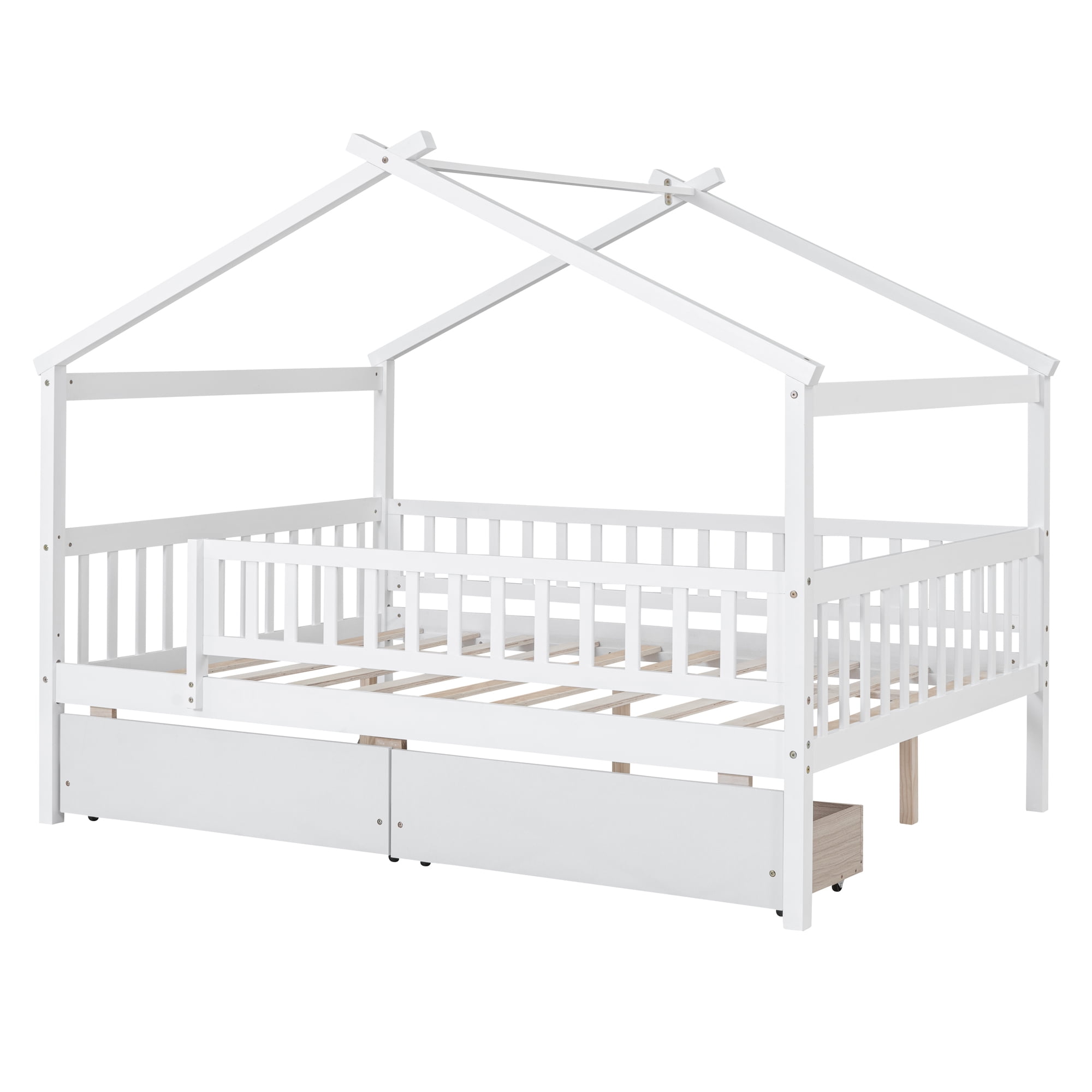 Bellemave Full Size House Bed with Storage Drawers Playhouse Platform Bed Wooden House-shaped Bed Frame with Fence Guardrail and Roof (Full size, White)
