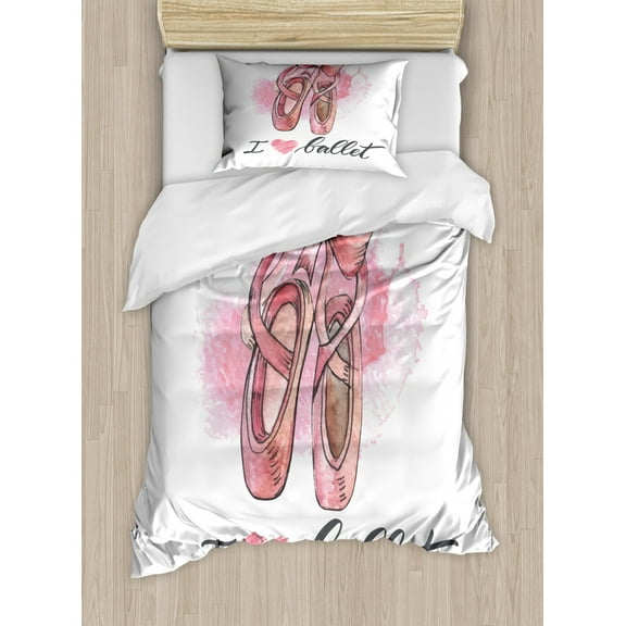 Ballerina Duvet Cover Set Twin Size, I Love Ballet Typography with Paint Illustration of Pretty Pair of Pointe Shoes, 2 Piece Bedding Set with 1 Pillow Sham, Multicolor, by Ambesonne