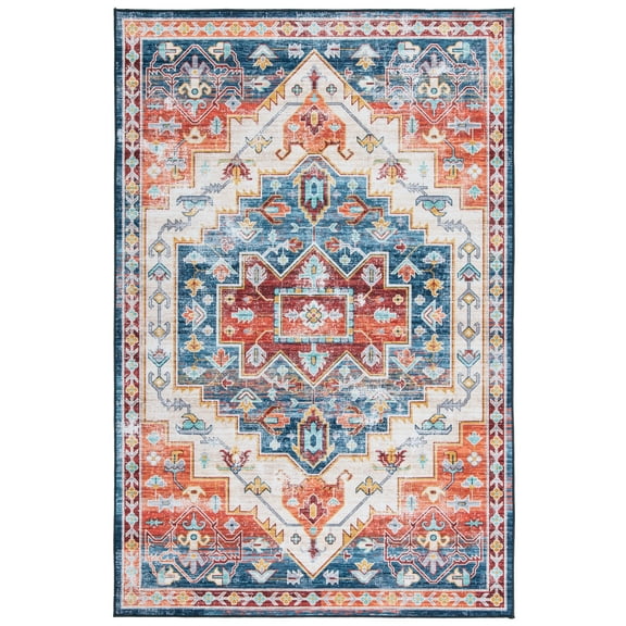 SAFAVIEH Tucson Melvin Oriental Machine Washable Area Rug, Blue/Rust, 2'6" x 4'