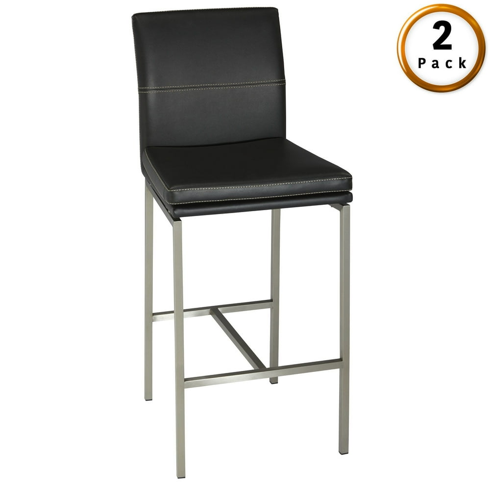 Phoenix Bar Stool with Stainless Steel Finished Metal Frame, Curved Seatback and Obsidian Faux