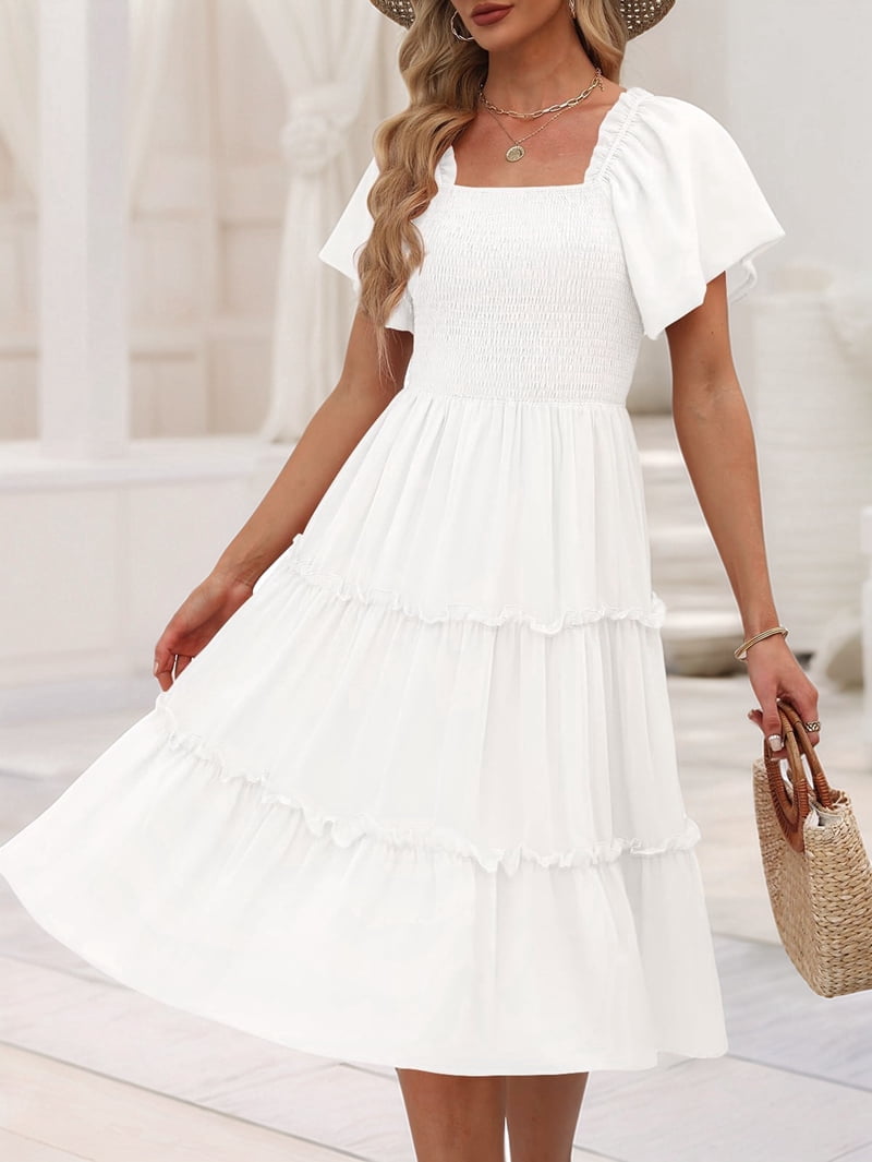 Women'S Summer Casual Flutter Sleeve Square Neck Smocked Midi Dress White XL