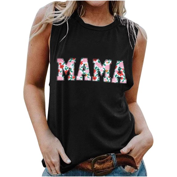 Dyegold Summer Tops for Women 2023, Summer Tank Tops for Women 2023 Trendy Funny MAMA Letter Print Blouses Dressy Casual Tshirt Sleeveless Round Neck ​Vest