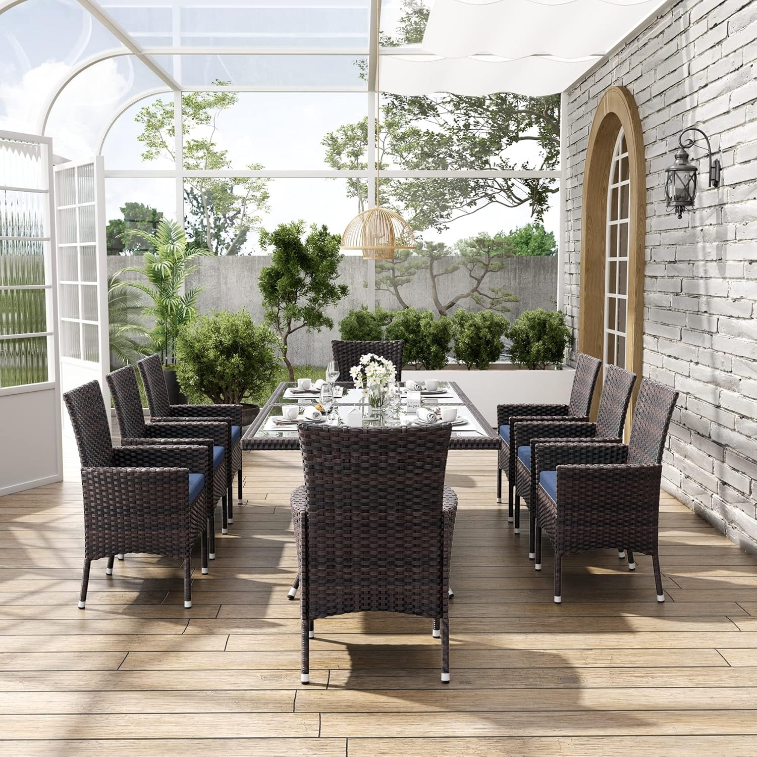 ALAULM 10 Piece Patio Dining Set All-Weather Wicker Outdoor Table and Chairs Set w/Tempered Glass Tabletop, Comfortable Cushions and Umbrella Hole for Patio, Backyard, Garden, Poolside -DarkBlue
