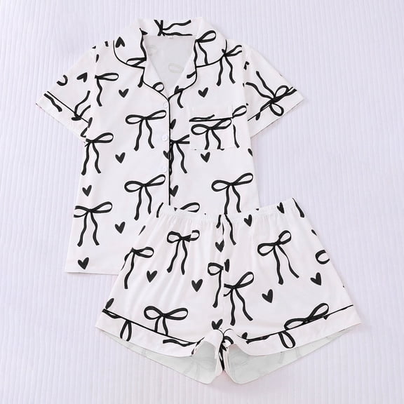 FASHOFT Womens Pajamas Set Cute Bow Graphic Button Down 2 Piece Pjs Shorts Set Ruffle Notch Collar Sleepwear Black L