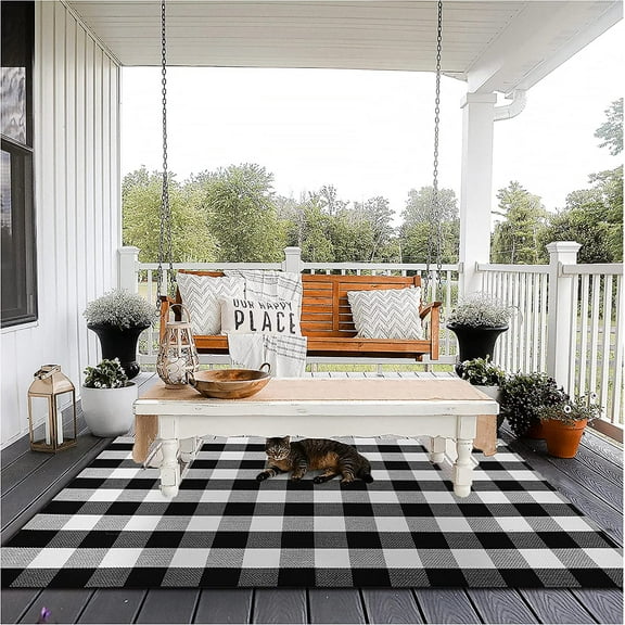 Sanmadrola Buffalo Plaid Outdoor Rug 4'x 6', Cotton Hand-Woven Checkered Door Mat, Reversible Foldable Washable Outdoor Rug Stripe for Layered Door Mats Porch/Front Door