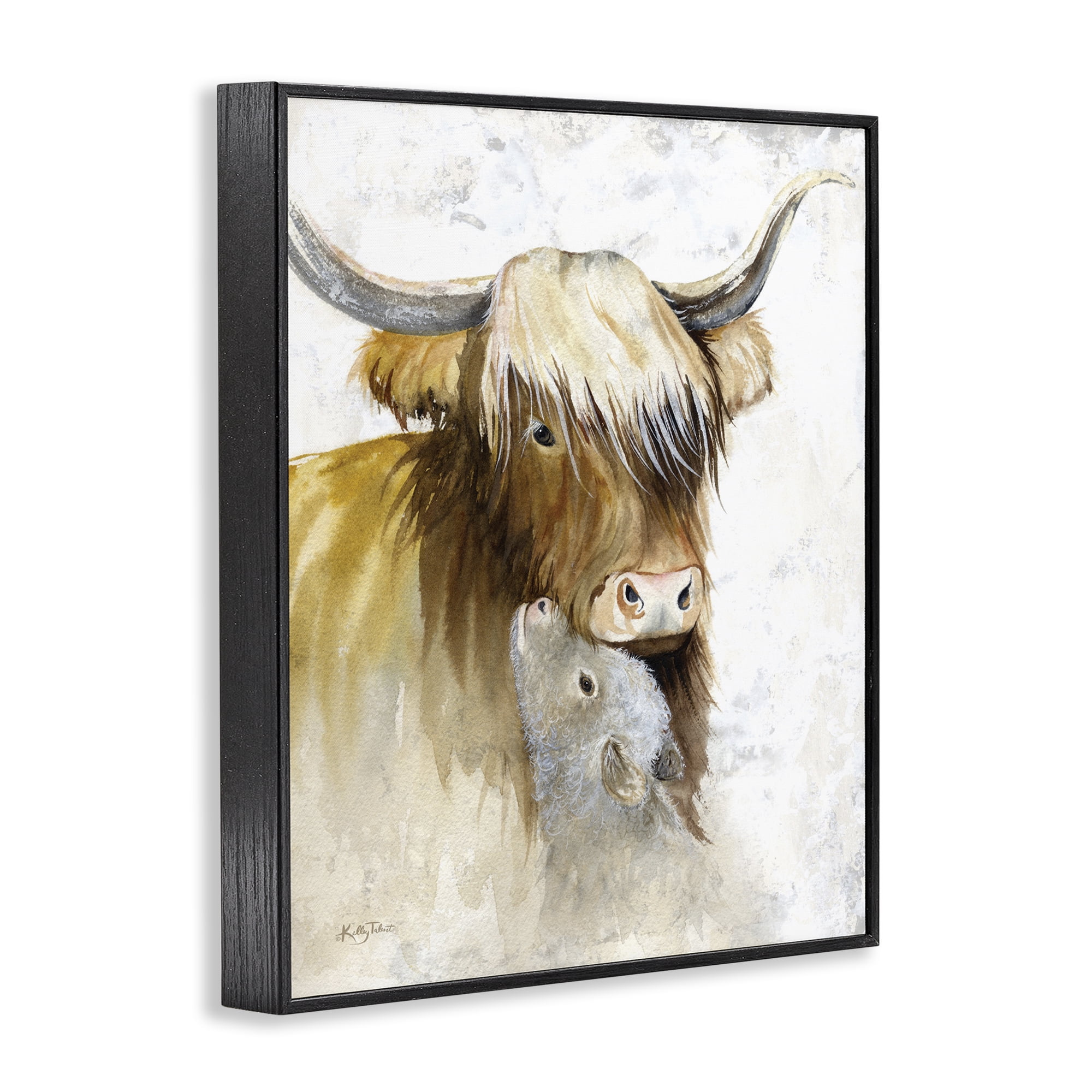 Stupell Industries Neutral Longhorn & Calf Animals & Insects Painting Black Framed Art Print Wall Art, 11 x 14