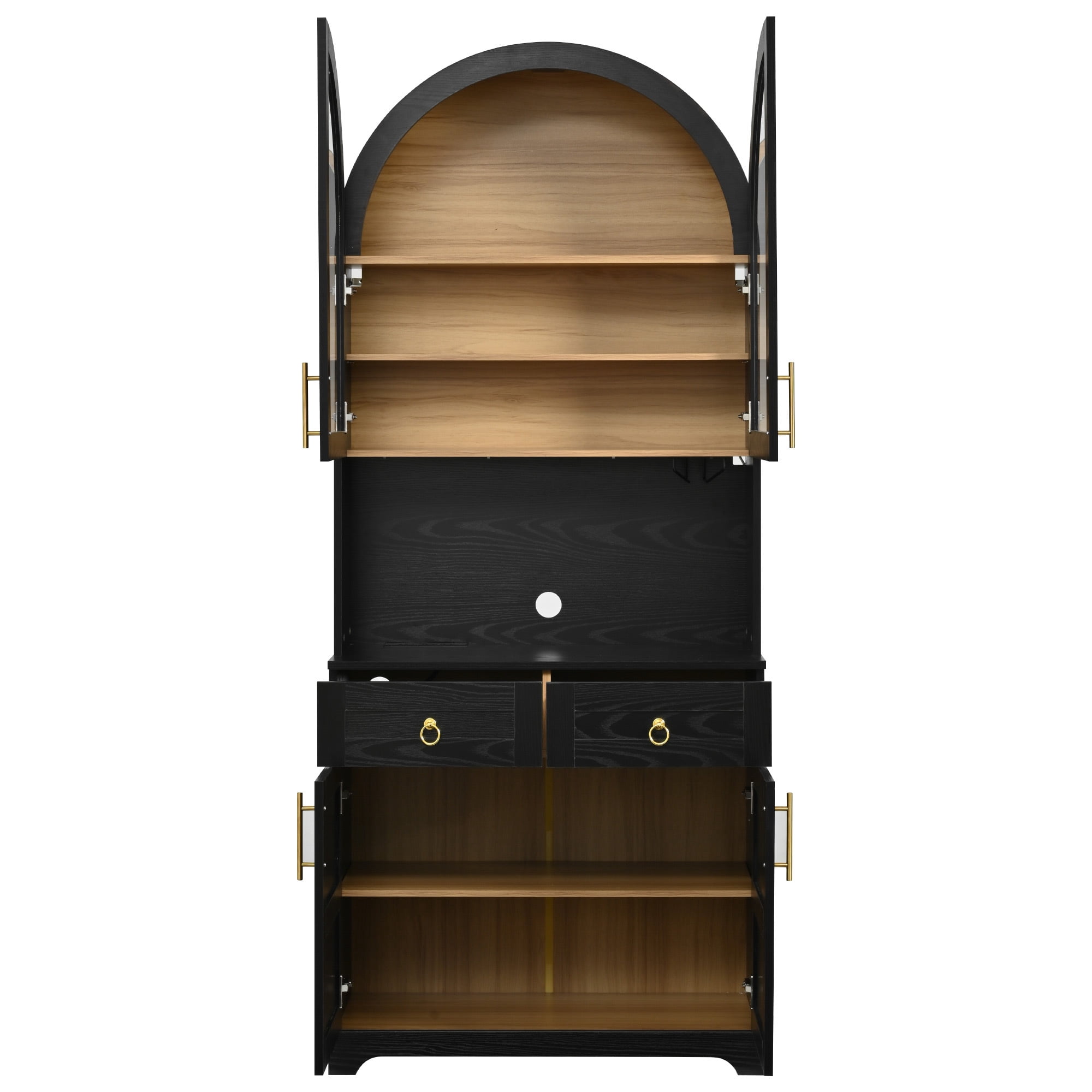 Euroco 74.8" Tall Arched Kitchen Pantry Cabinet,Farmhouse Arched Kitchen Storage Hutch with Glass Doors,2 Drawers,Adjustable Shelves,Power Outlet & LED Light,Freestanding Tall Cupboard,Black