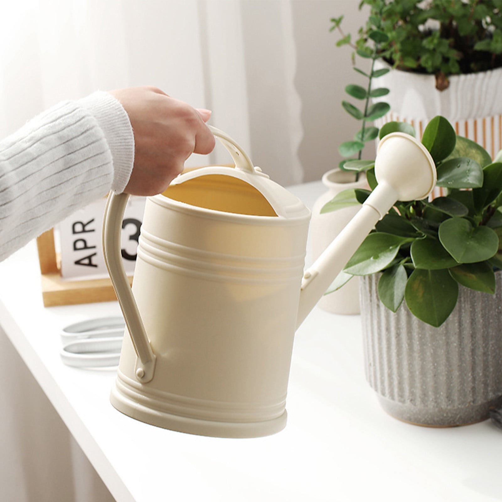 JoyHoop 2L Long Spout Watering Kettle, Beige Plastic with Ergonomic Handle for Indoor Plants, 12.99x9.05x5.51 Inches