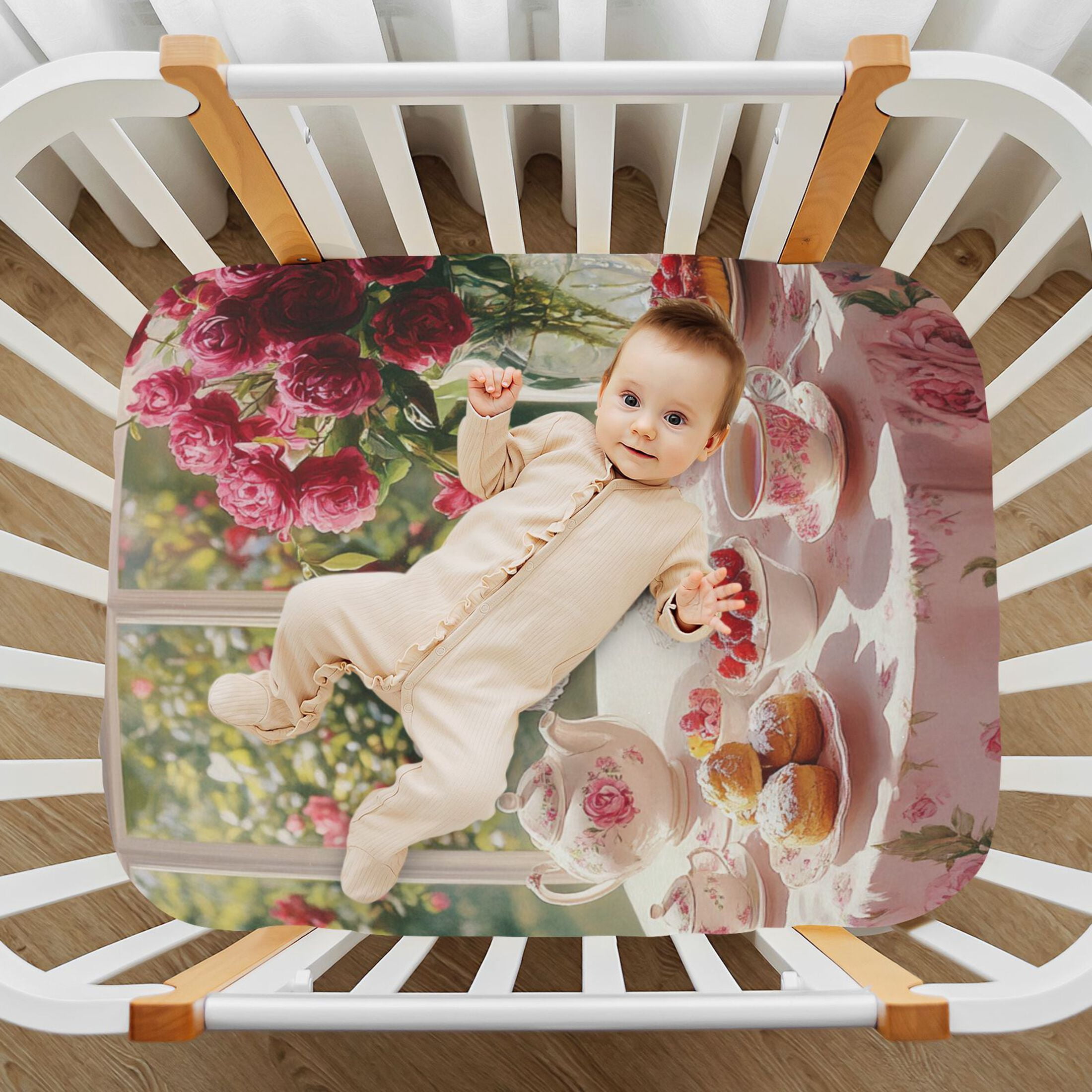 KUANGWANG Ultra Soft Fitted Microfiber Crib Sheets for Newborn Baby Boys Girls Tea Set with Cakes Roses Design Cute Pattern