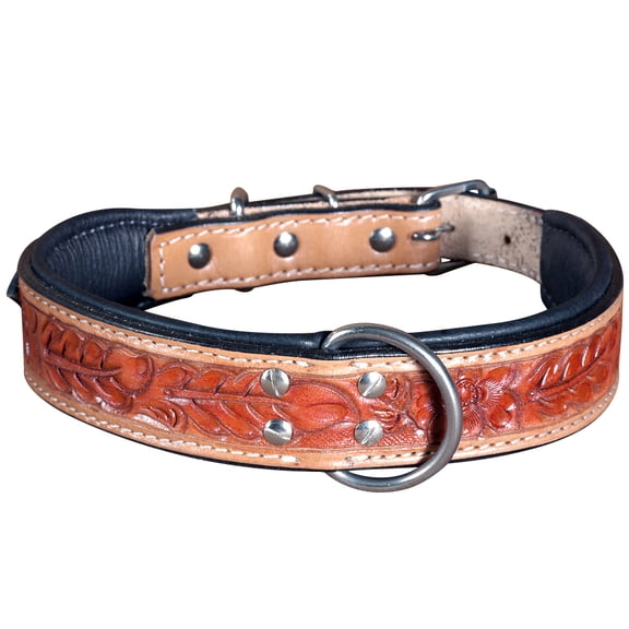 Hilason Heavy Duty Genuine Leather Dog Collar Floral Carving Tan Large