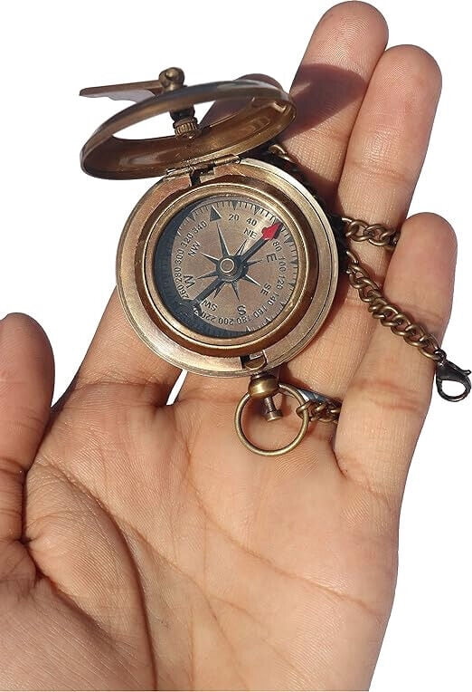 Brass Sundial Compass with Leather Case & Chain, Pocket Compass,