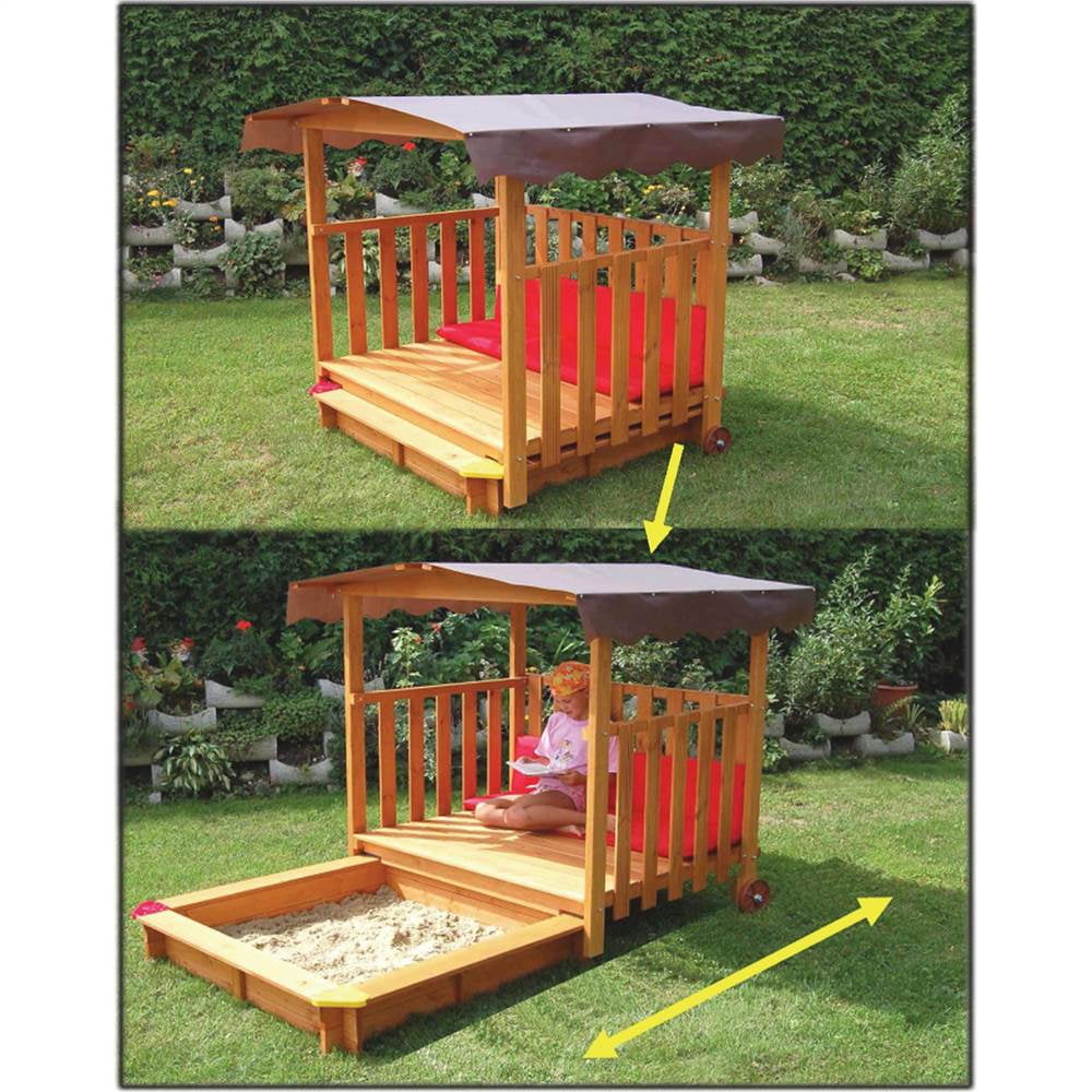 outdoor playhouse with sandbox