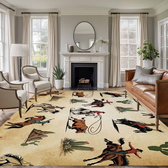 Large Area Rugs for Living Room Bedroom, Western Cowboys 5'x8' Rug Washable Carpet Runner Indoor Outdoor, Brown Vintage Country Cactus Non Slip Floor Mats Rug for Kitchen, Bathroom