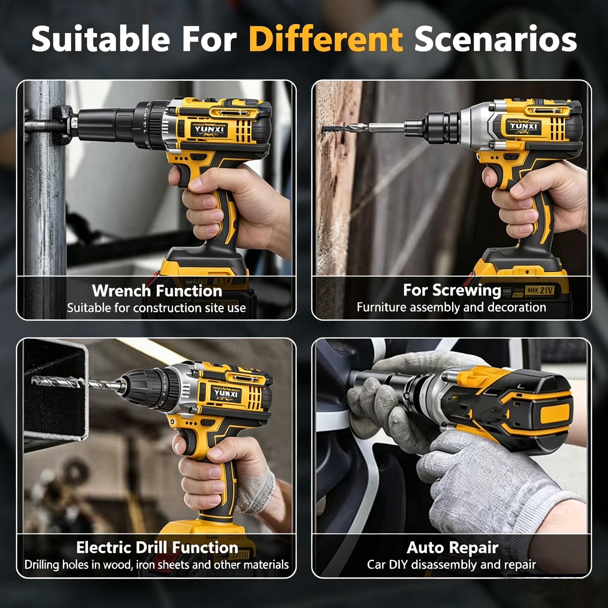 YUNXI 21V Brushless Cordless Impact Wrench & Drill Combo Kit, 1/2" High Torque Power Tool with 2×4.0Ah Batteries, Full Accessories & Hard Storage Case for Car Tire Changing Home DIY
