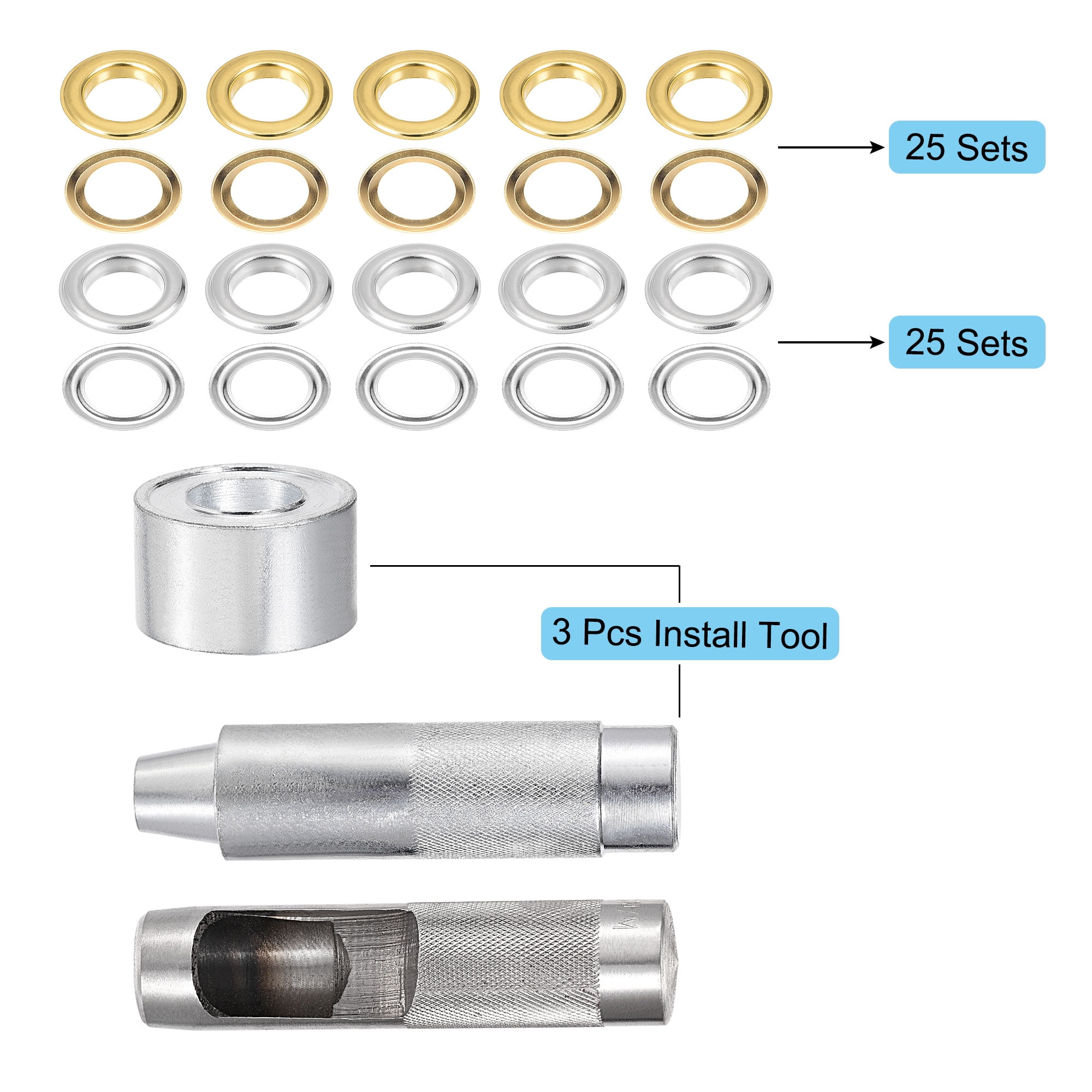 Uxcell 2 Colors 12mm Inside Dia. 3/4" Grommet Tool Kit 50 Sets Eyelets with 3 Install Tools