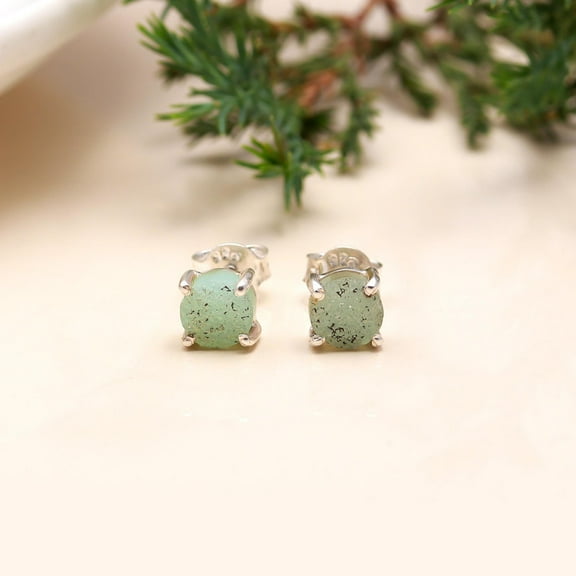 Aqua Druzy Stud Earrings – 925 Sterling Silver Minimalist Gemstone Jewellery, Handmade Push-Back Studs for Women