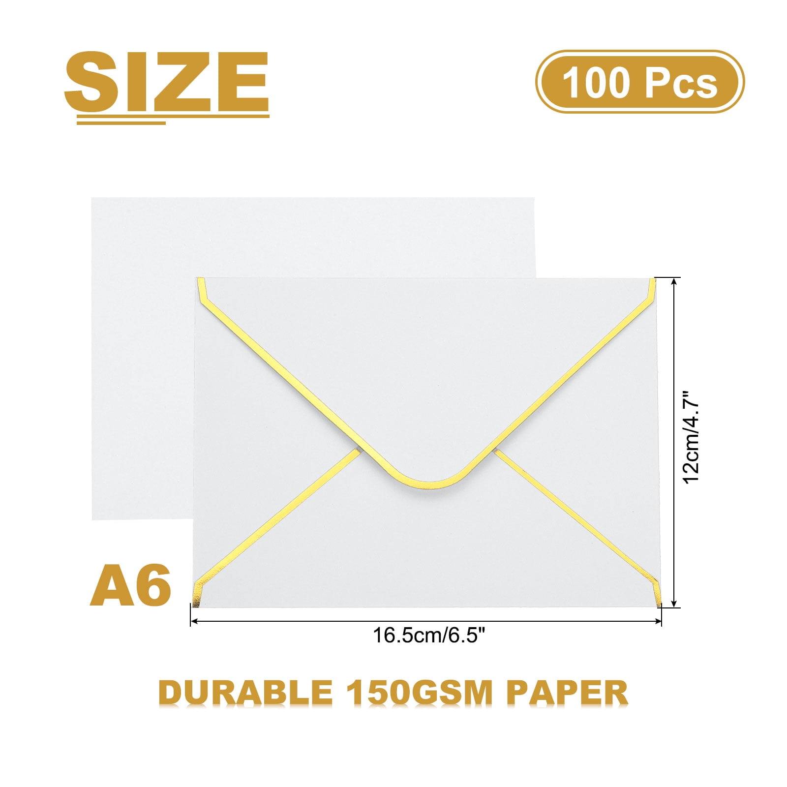 Uxcell 100 Pack A6 Envelopes, 4x6 Card V Flap Envelope Round Edge Valentine Envelopes with Gold Border for Office Wedding Card Invitations Graduation Party Gift, White