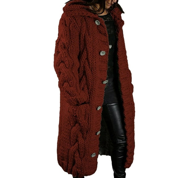 Women Chunky Cable Knit Long Sleeve Cardigan Fall Winter Oversized Button Down Sweaters with Pocket Wine Red L