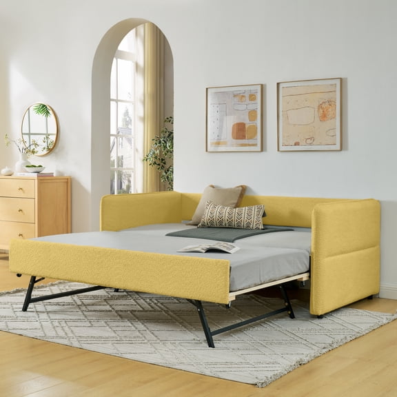 Harper & Bright Designs Twin Size Upholstered Daybed with Trundle, Boucle Sofa Bed Frame for Living Room and Bedroom, Yellow